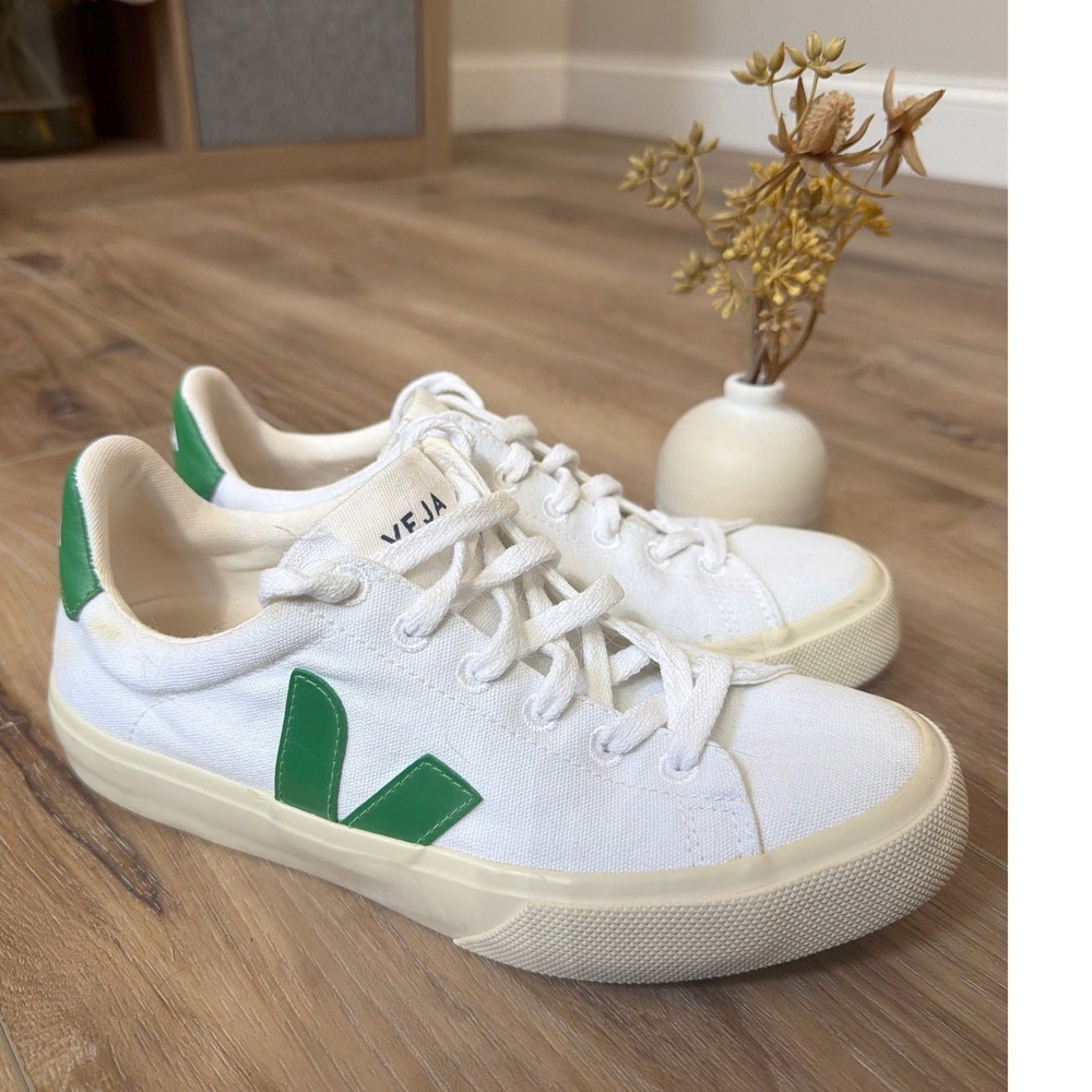 Veja Canvas Shoes Womens Size 7 White Emerald Green Low Top Lace Up Sneakers Eco - Picture 5 of 11